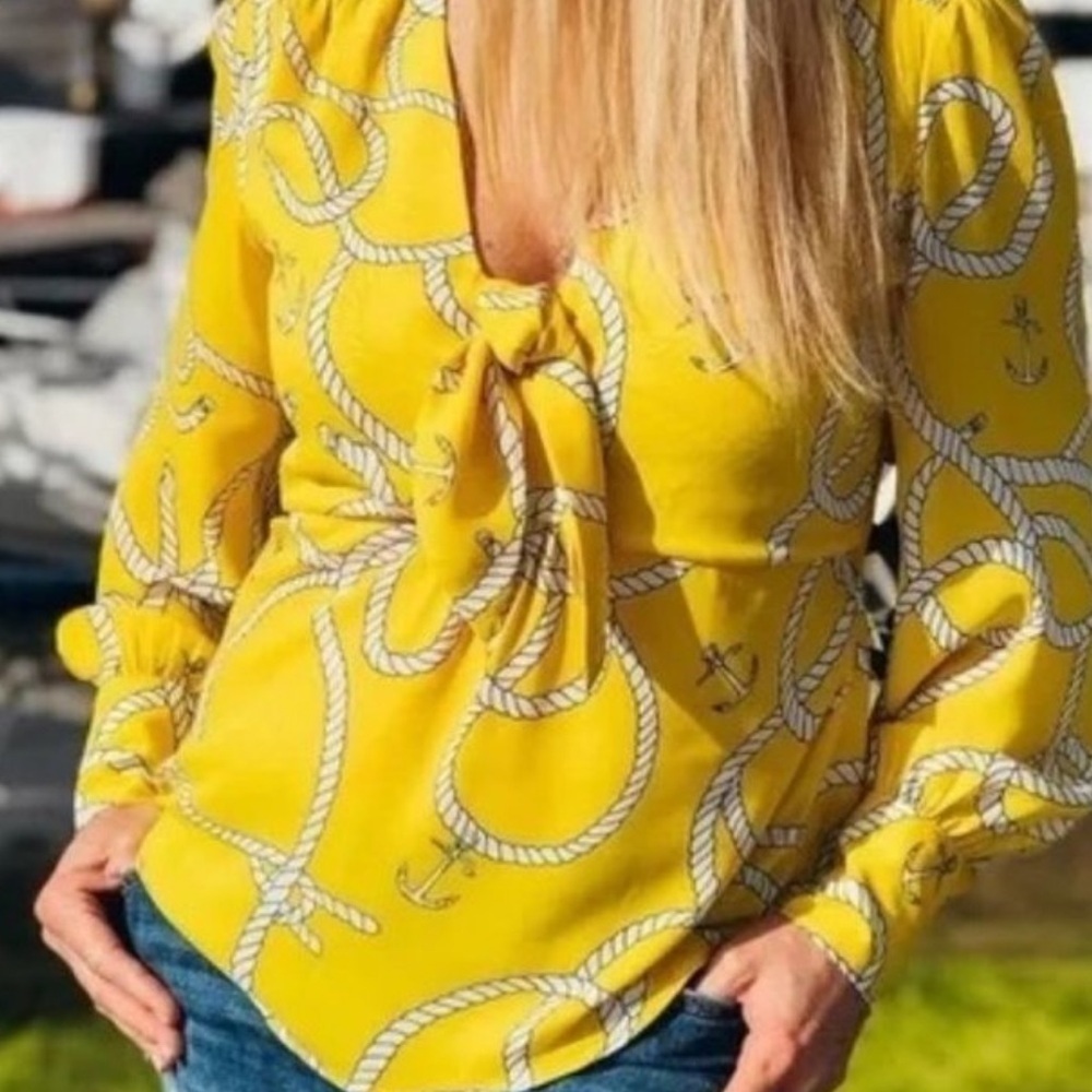 CAbi Yellow Long Sleeve Tie Front Blouse Nautical Rope Anchor Small